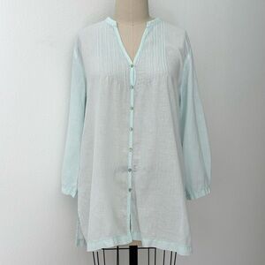 Eileen Fisher Linen Tunic Soft Mint Pintuck Faggoting Details L/S Button Front M